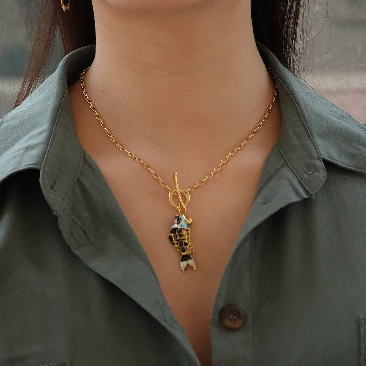 Reina halsketting met vis, gold plated, 48 cm