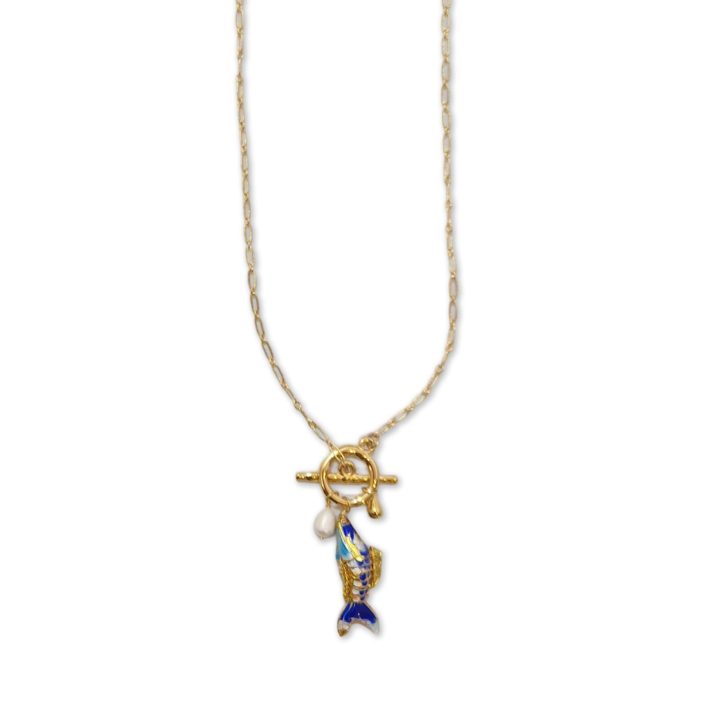 Reina ketting met emailleerde vis en parel zalm roze ±70 cm