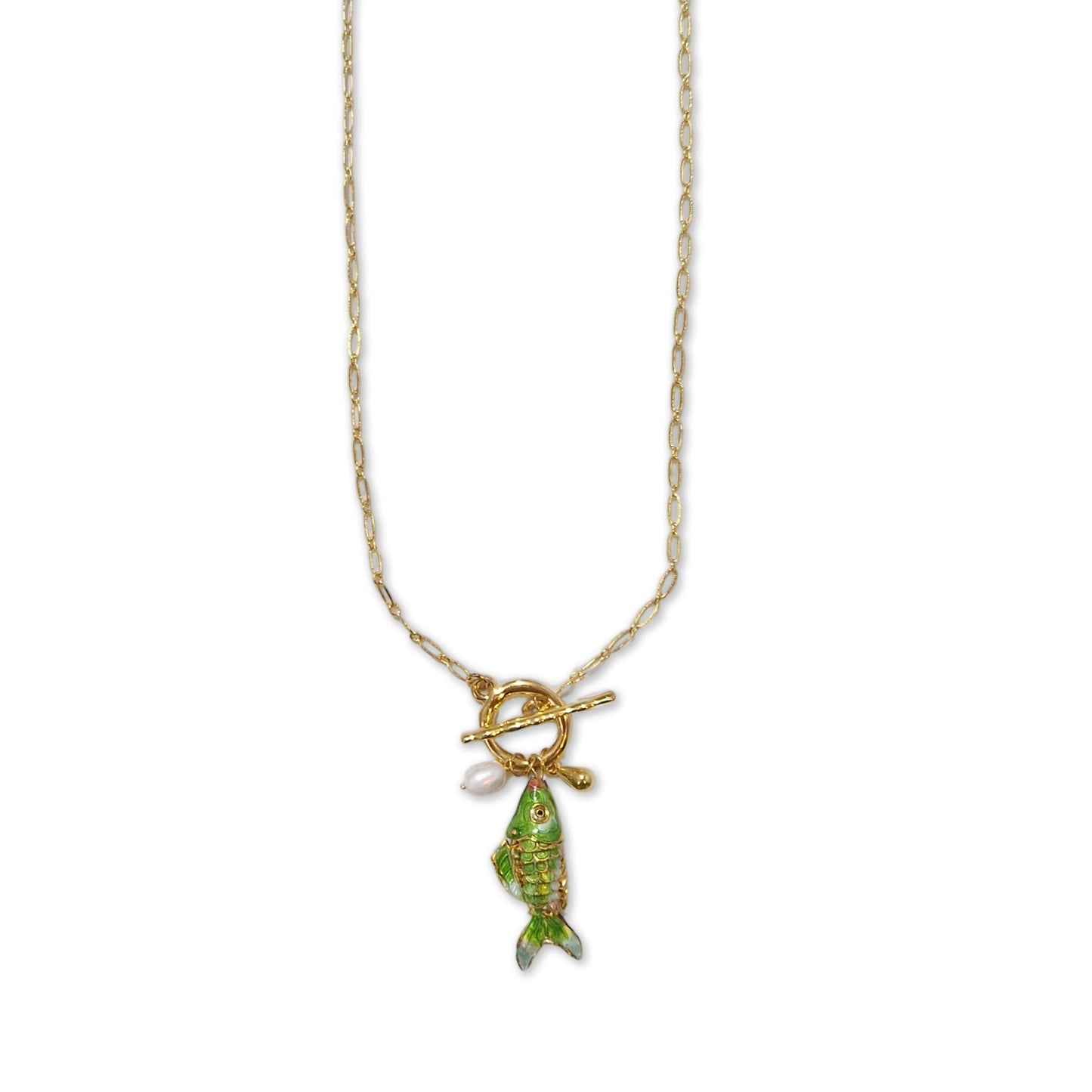 Reina ketting met emailleerde vis en parel zalm roze ±70 cm