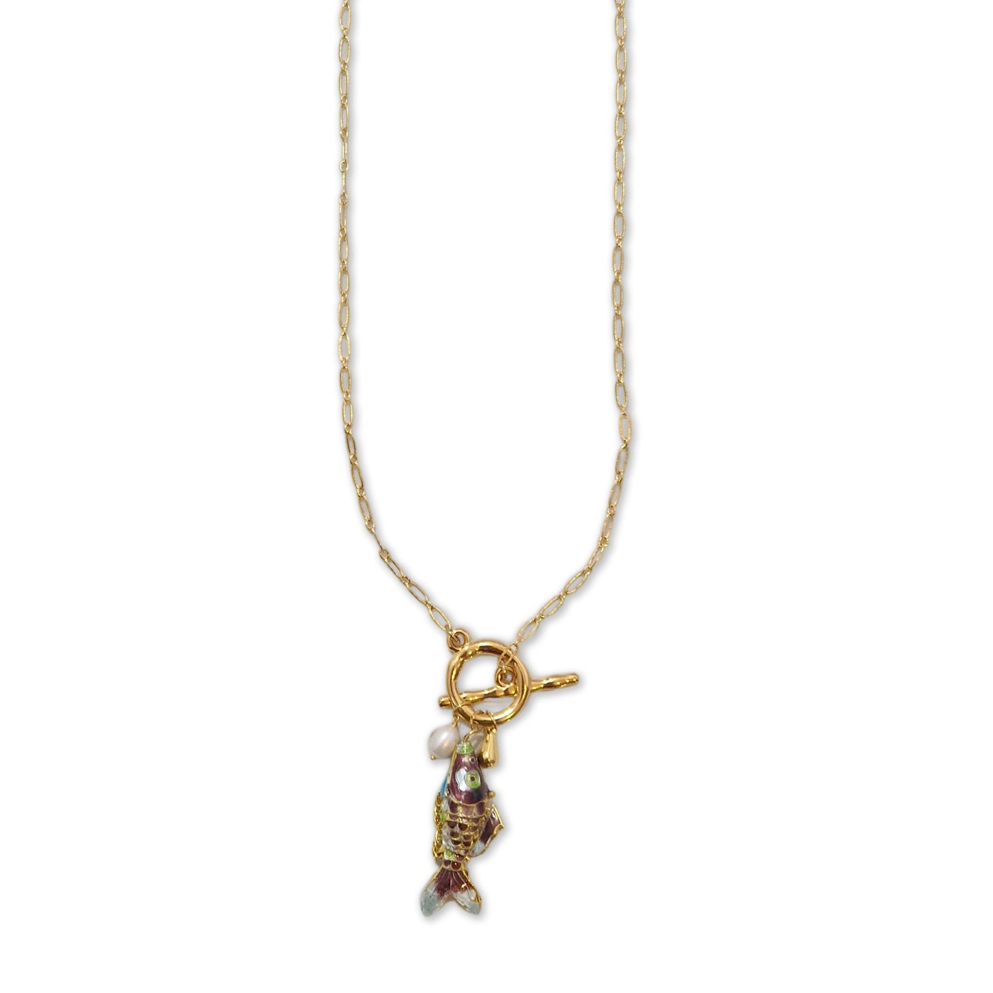 Reina ketting met emailleerde vis en parel zalm roze ±70 cm