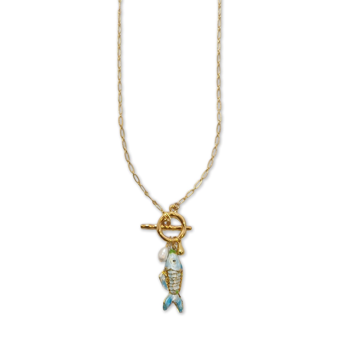 Reina ketting met emailleerde vis en parel zalm roze ±70 cm