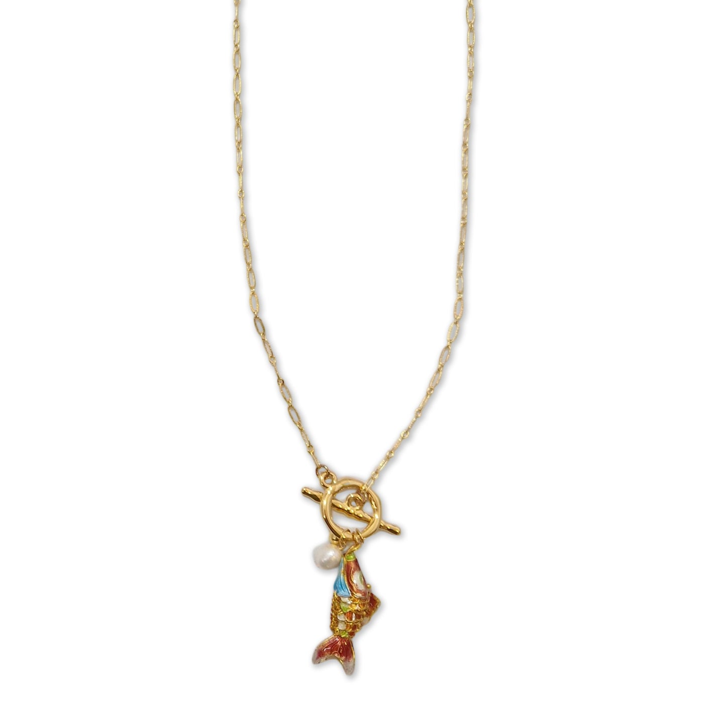 Reina ketting met emailleerde vis en parel zalm roze ±70 cm