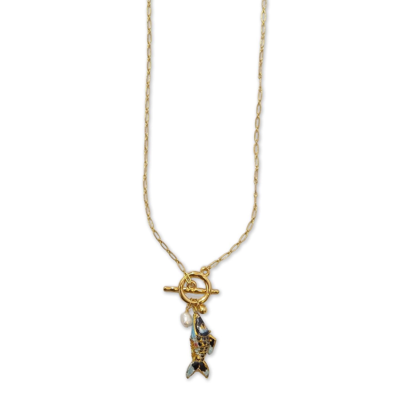 Reina ketting met emailleerde vis en parel zalm roze ±70 cm